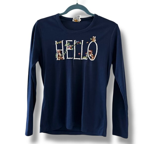 Cyn Les Tops - Vtg Cyn Les Blue Fall Hello Goodbye Fall Embroidery Long Sleeve Top Size Medium